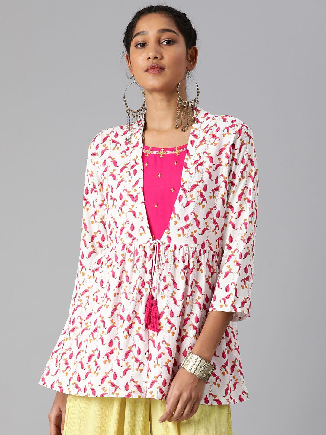 malhaar white & pink ethnic motifs print kurti