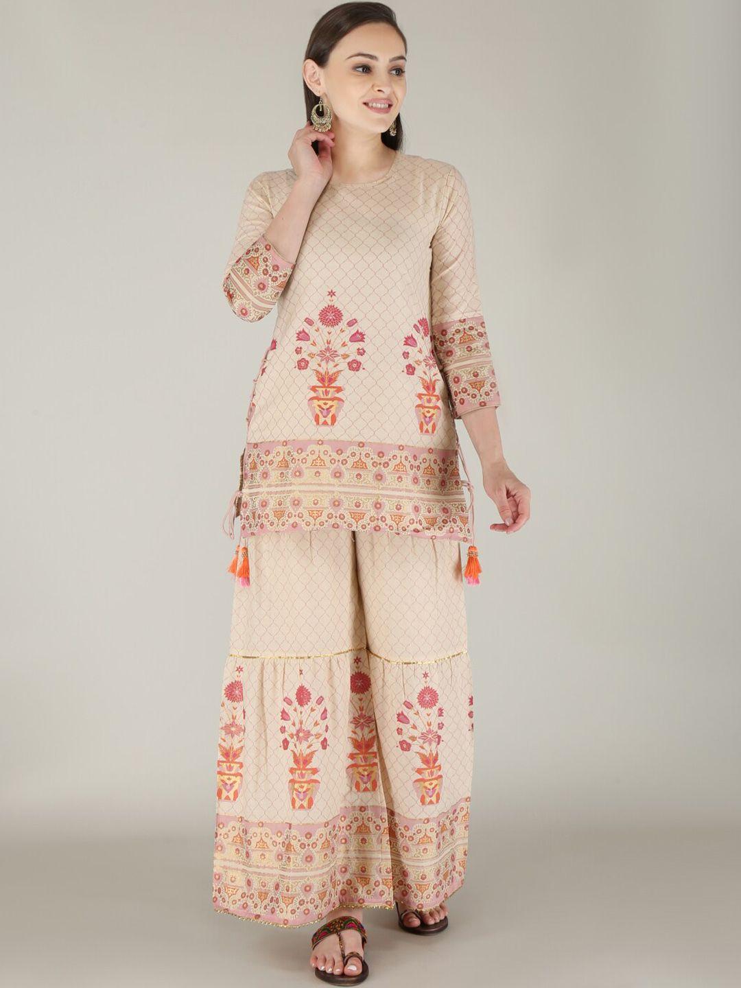 malhaar women beige ethnic motifs printed regular pure cotton kurti with sharara
