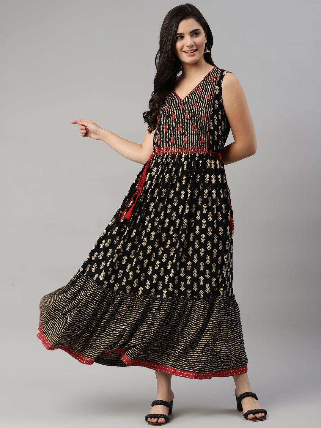 malhaar women black & golden ethnic motif printed a-line ethnic dress