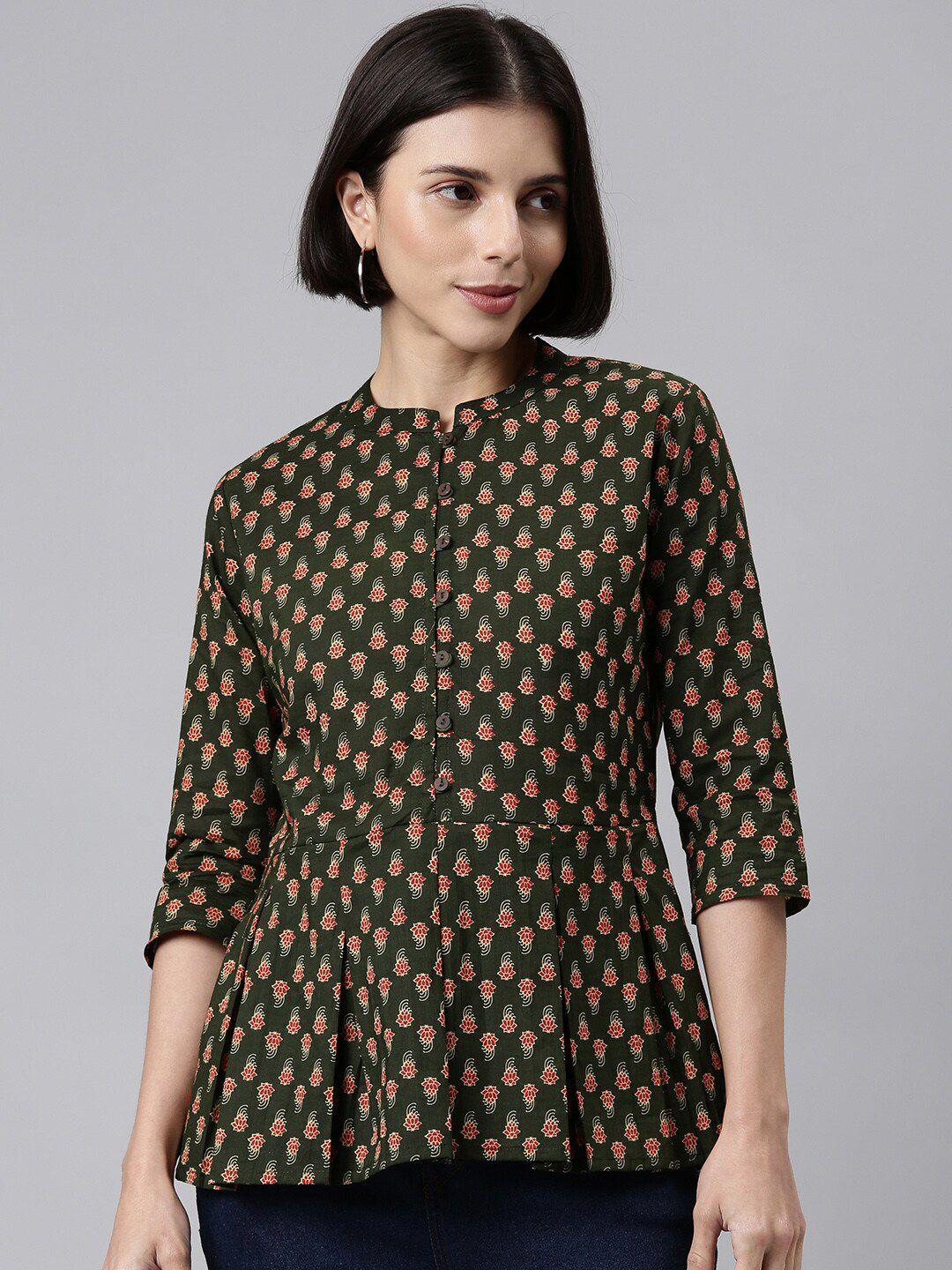 malhaar women green floral print mandarin collar empire top