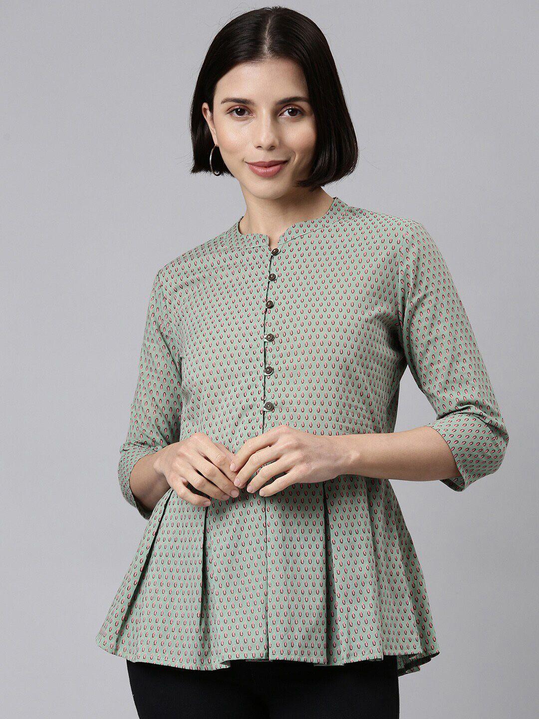 malhaar women green print mandarin collar empire top