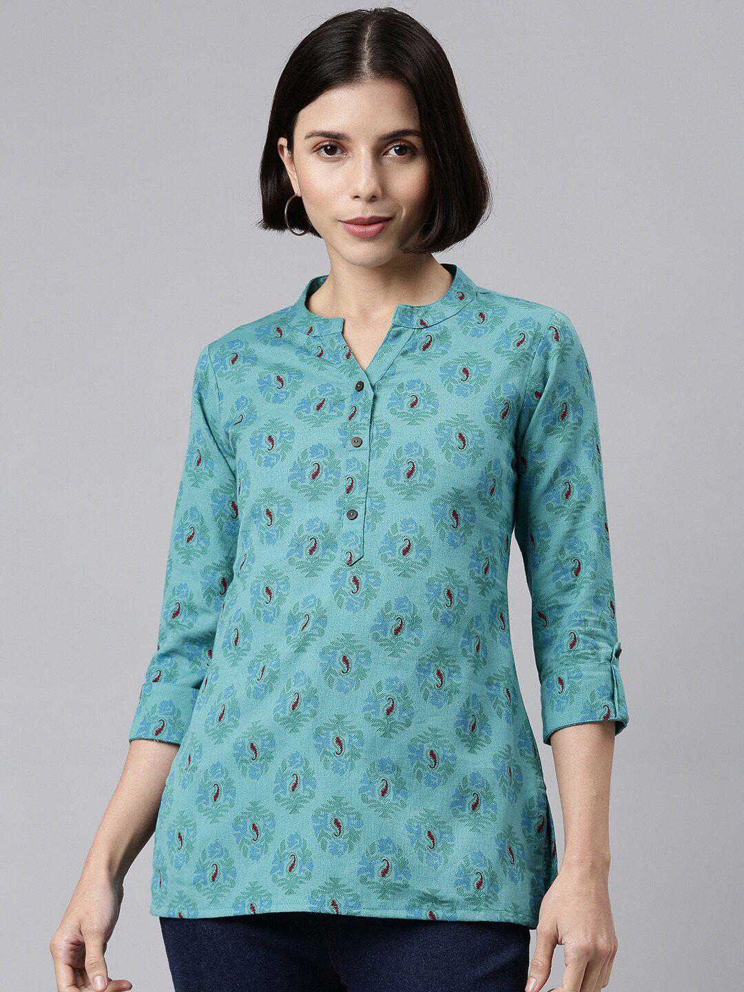 malhaar women green print roll-up sleeves top