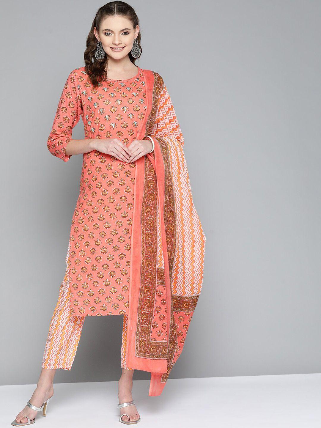 malhaar women peach-coloured floral embroidered regular pure cotton kurta with trousers & with dupatta