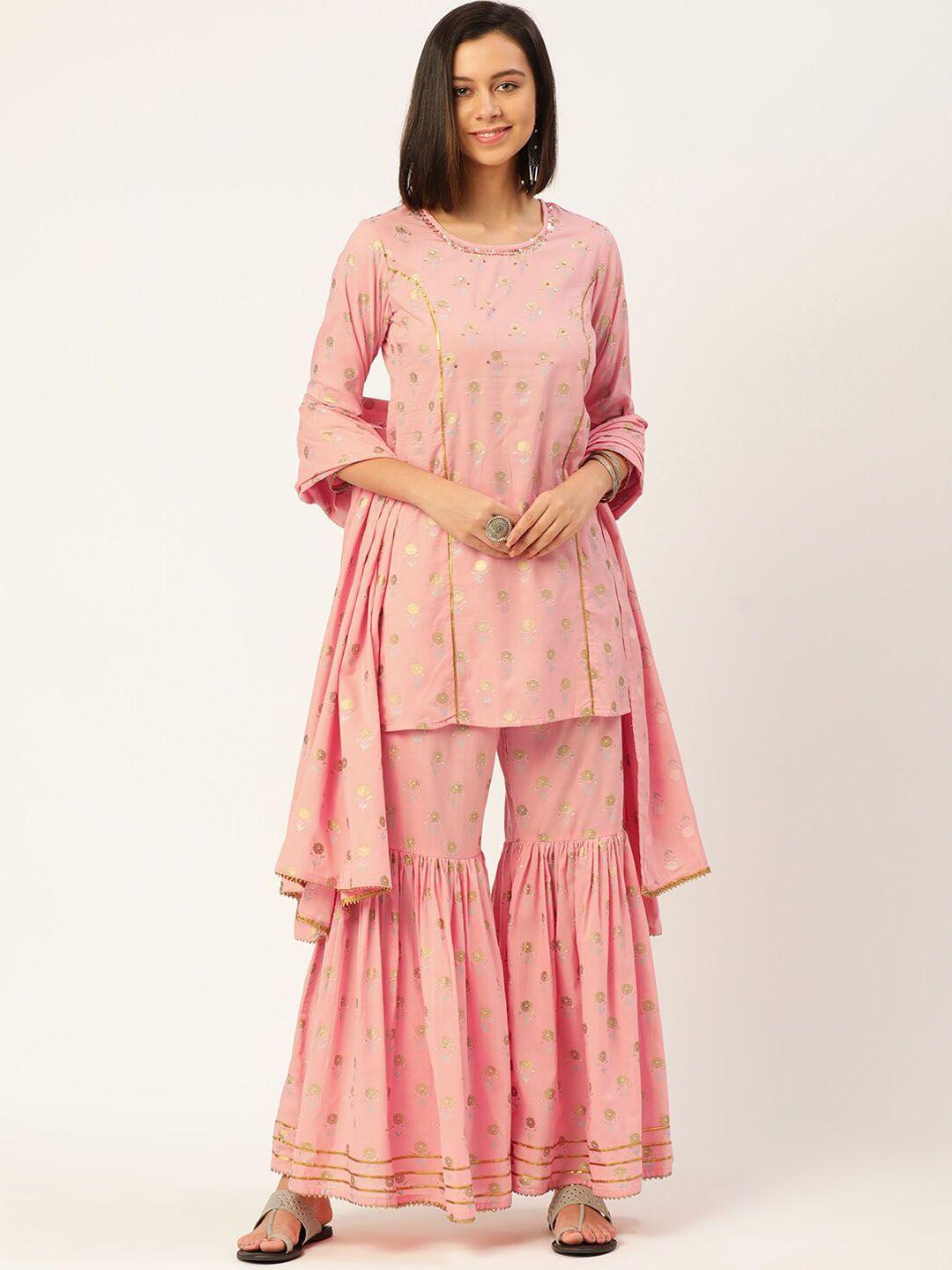 malhaar women peach-coloured floral embroidered regular thread work pure cotton kurta with sharara & with