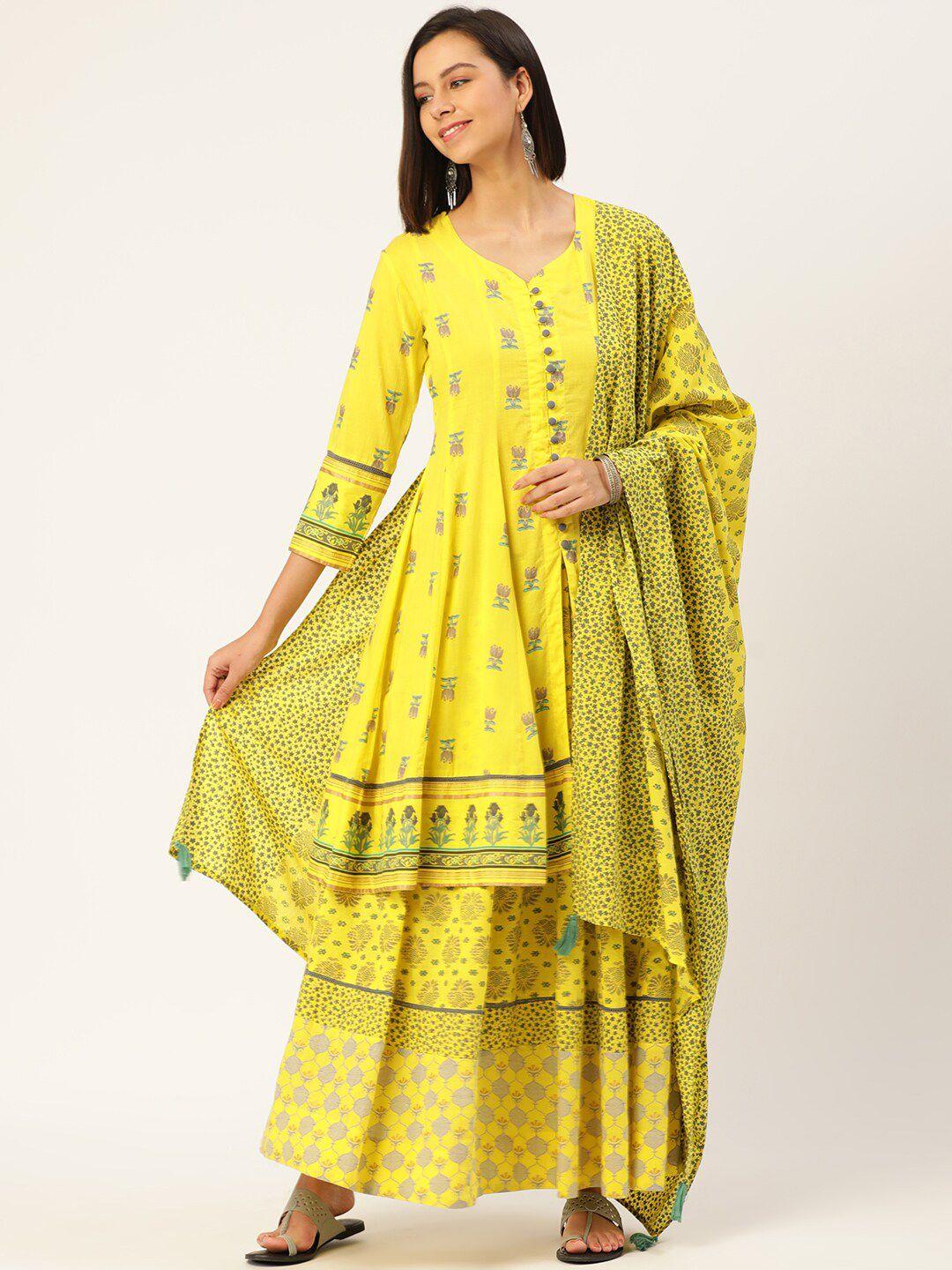malhaar women yellow floral printed regular pure cotton kurta with skirt & with dupatta