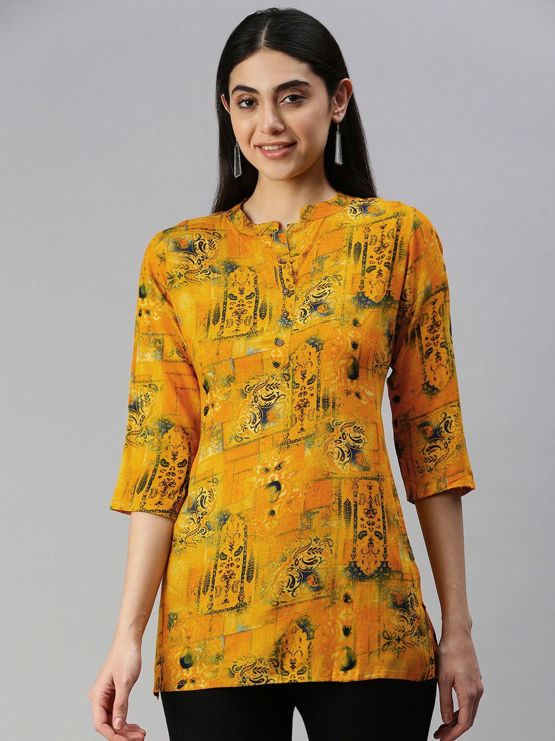 malhaar yellow & black ethnic motifs printed a-line kurti