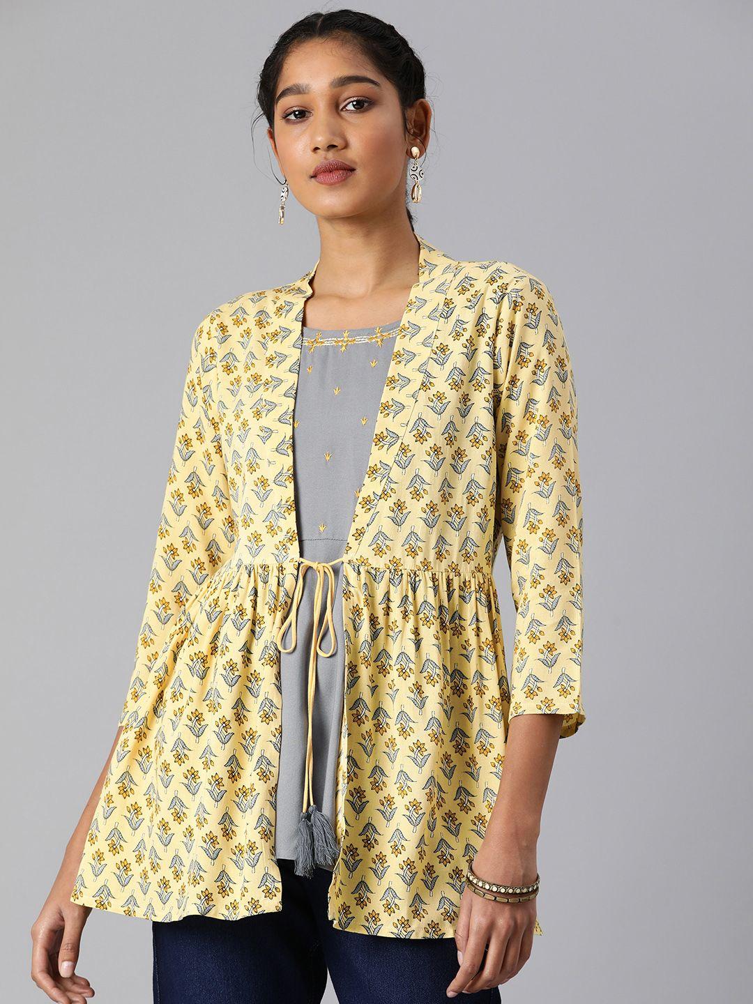 malhaar yellow & grey ethnic motifs print kurti with attached jacket