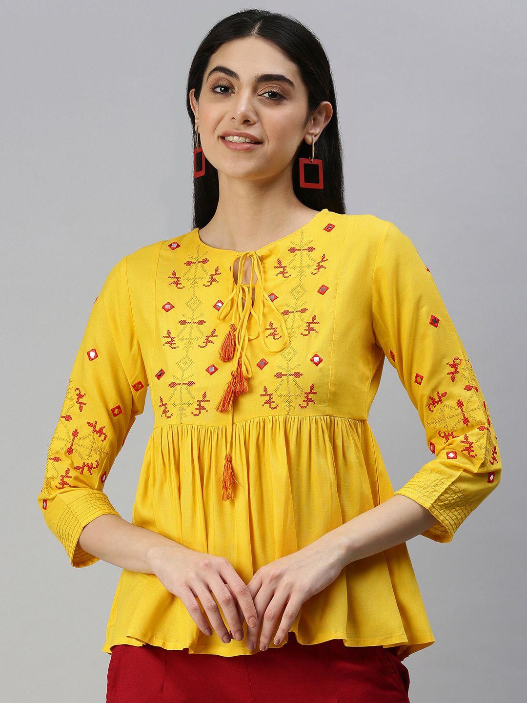 malhaar yellow & red ethnic motifs embroidered a-line kurti