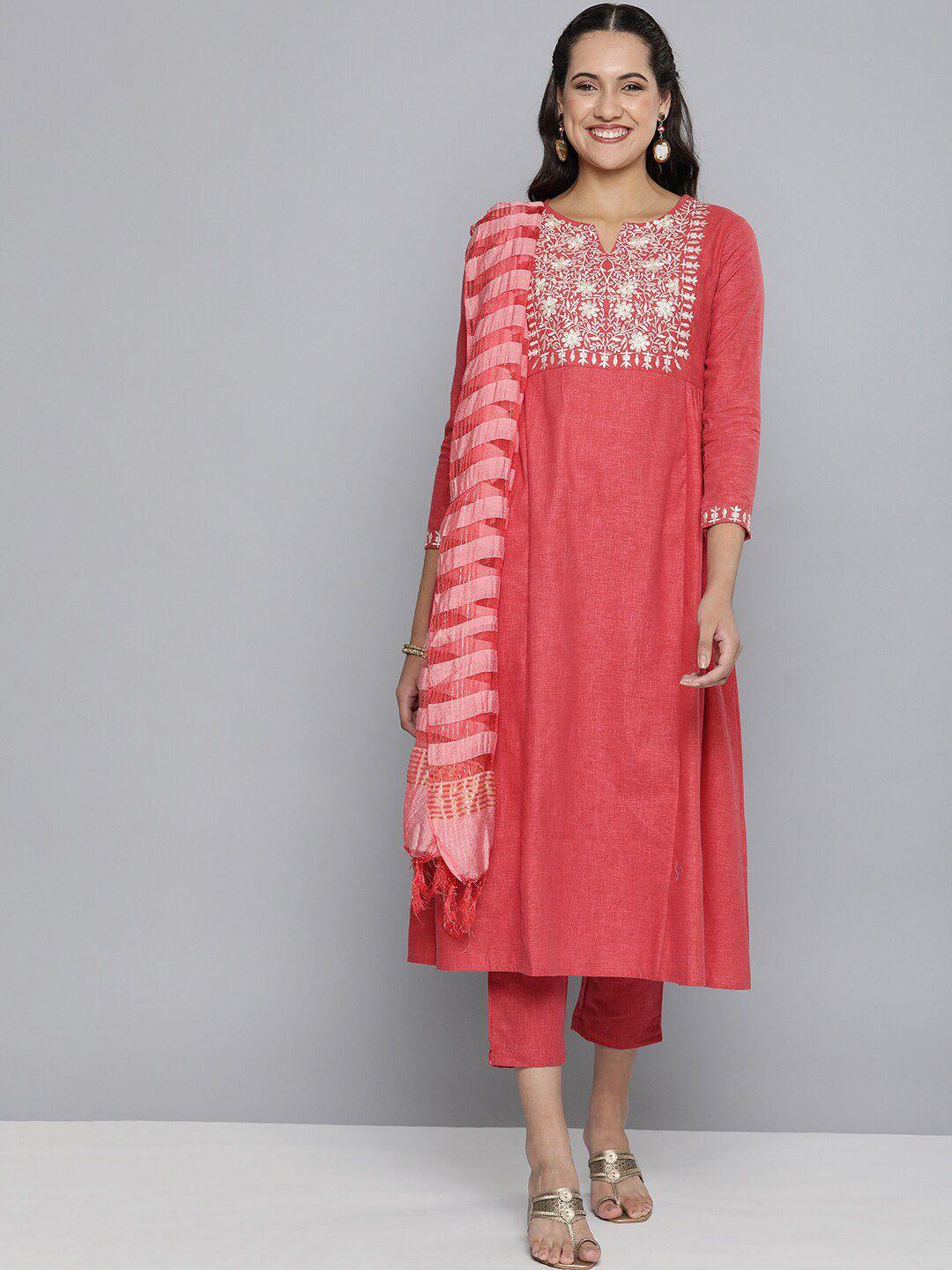 malhaar yoke design notched neck thread work pure cotton kurta with trousers & dupatta