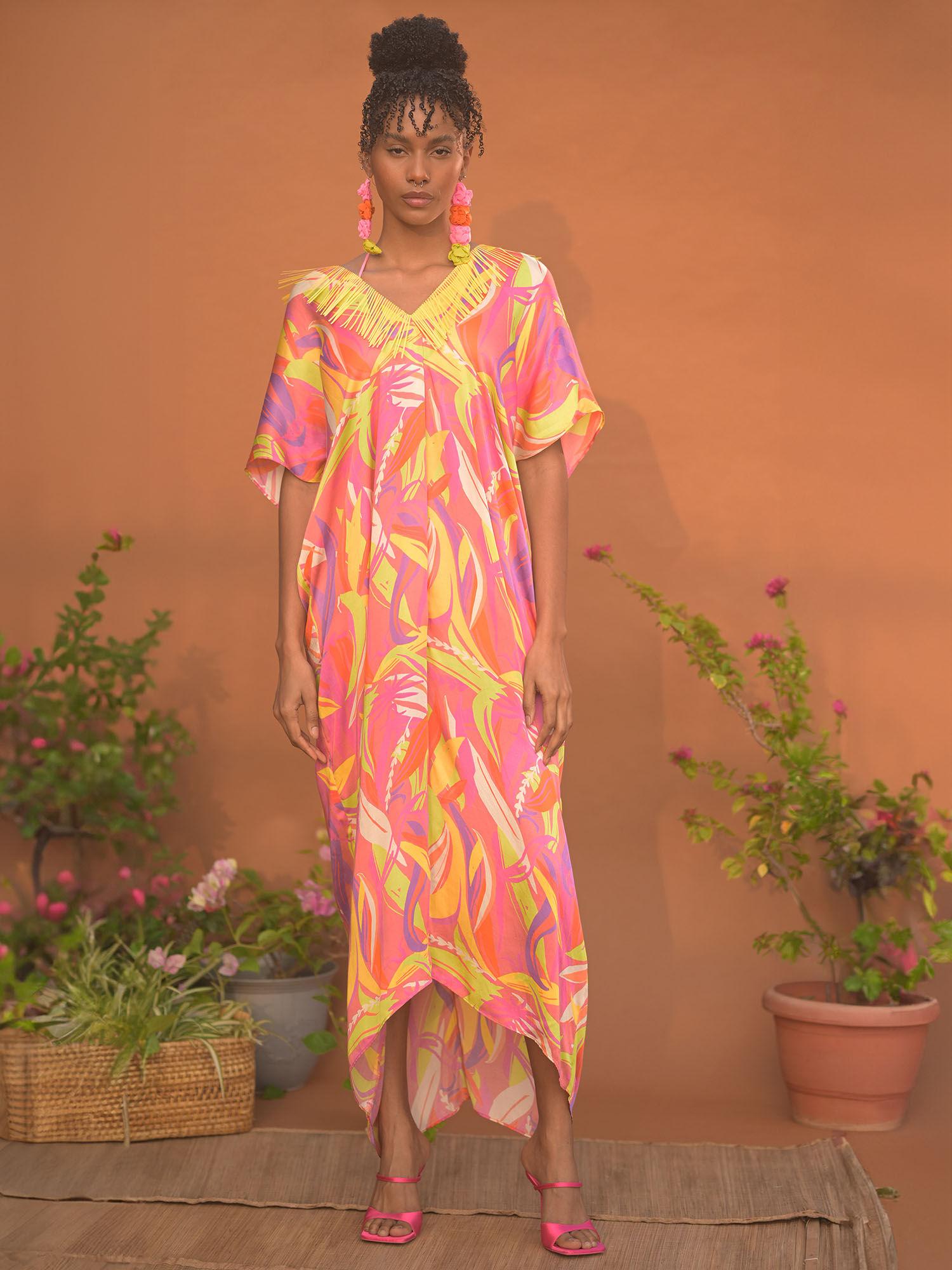 malibu mul multi-color printed kaftan maxi dress