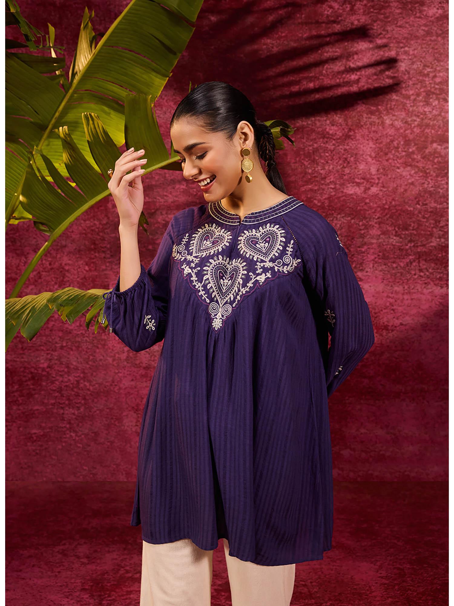 malti deep purple embroidered striped viscose rayon tunic for women