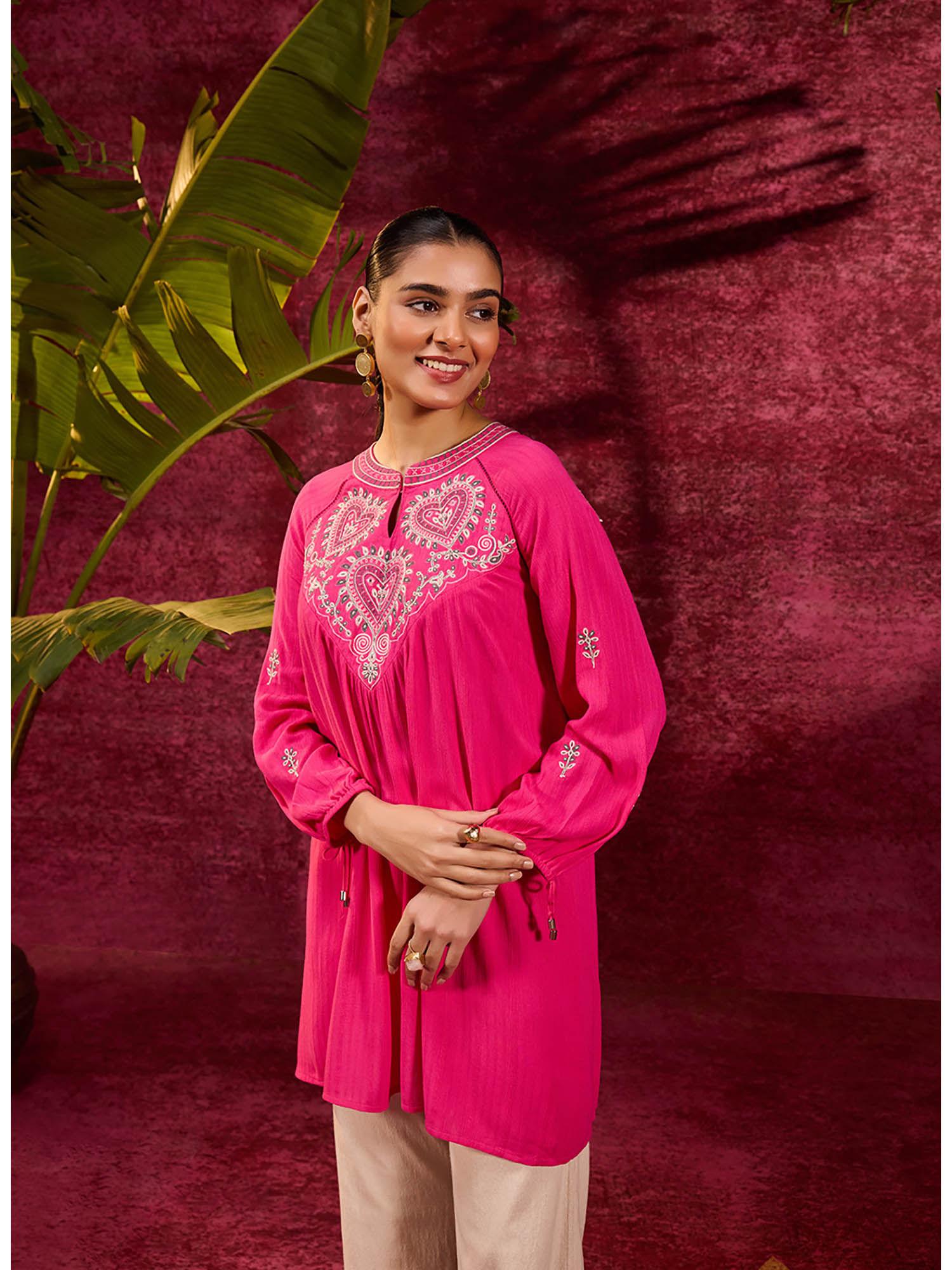 malti pink embroidered striped viscose rayon tunic for women