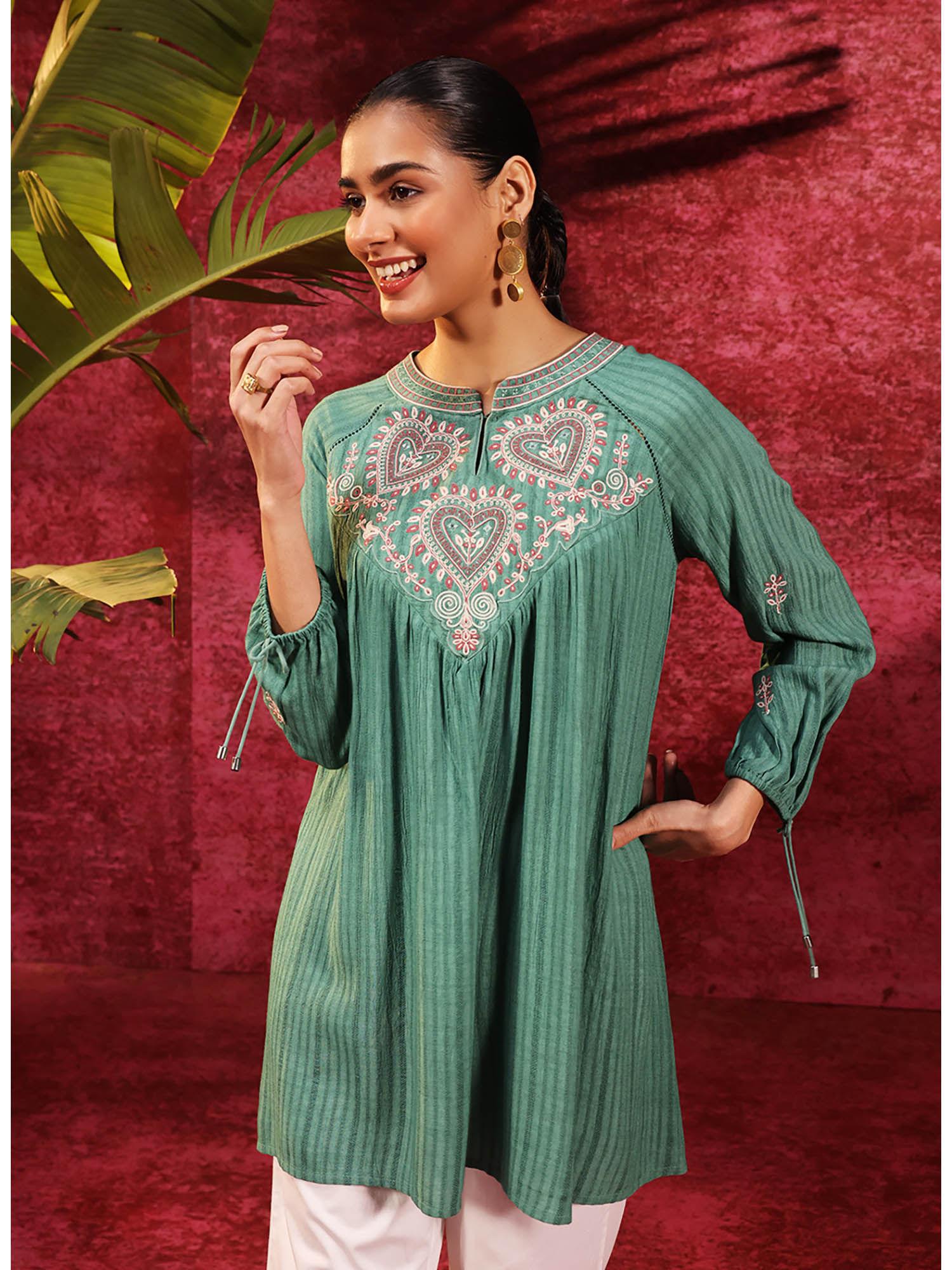 malti sea green embroidered striped viscose rayon tunic for women