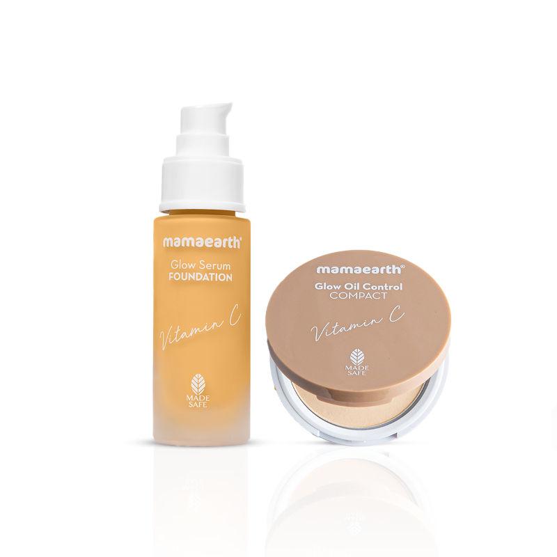 mamaearth ace the base glow serum foundation + glow oil control compact combo - nude glow