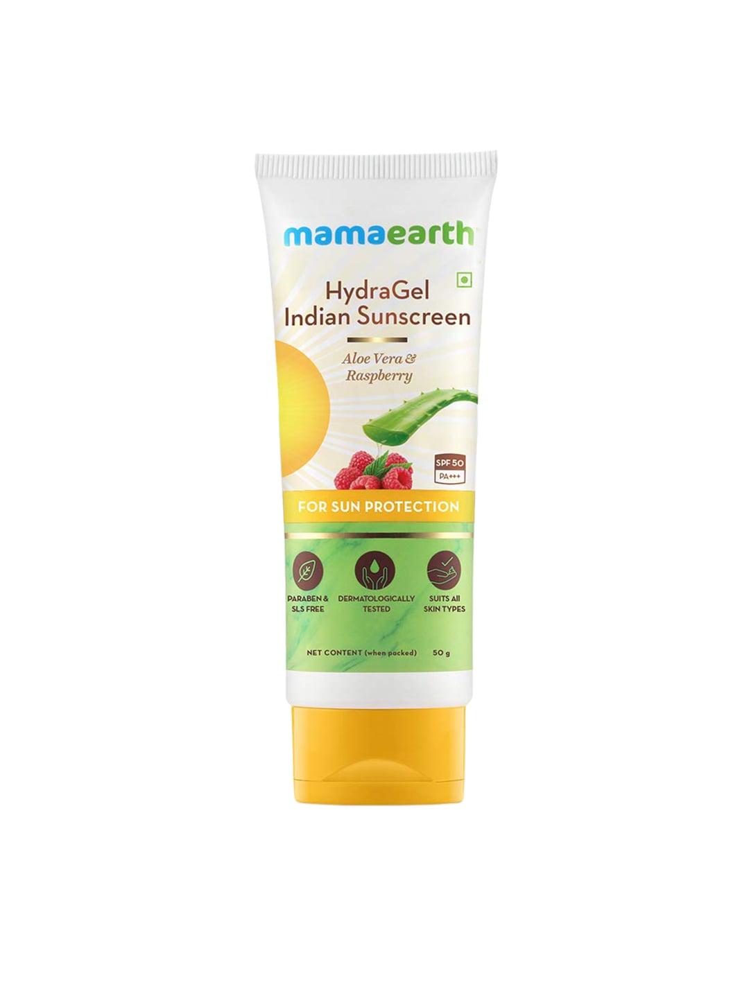 mamaearth hydragel indian sunscreen spf 50 with aloe vera & raspberry - 50 g