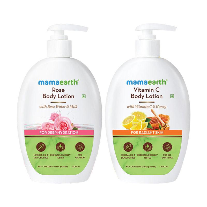 mamaearth rose body lotion with rose water & milk and vitamin c body lotion with vitamin c & honey