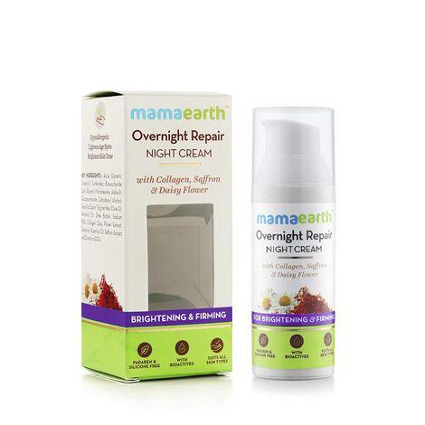 mamaearth skin repair night cream for glowing skin & anti ageing, with collagen, saffron & daisy flower