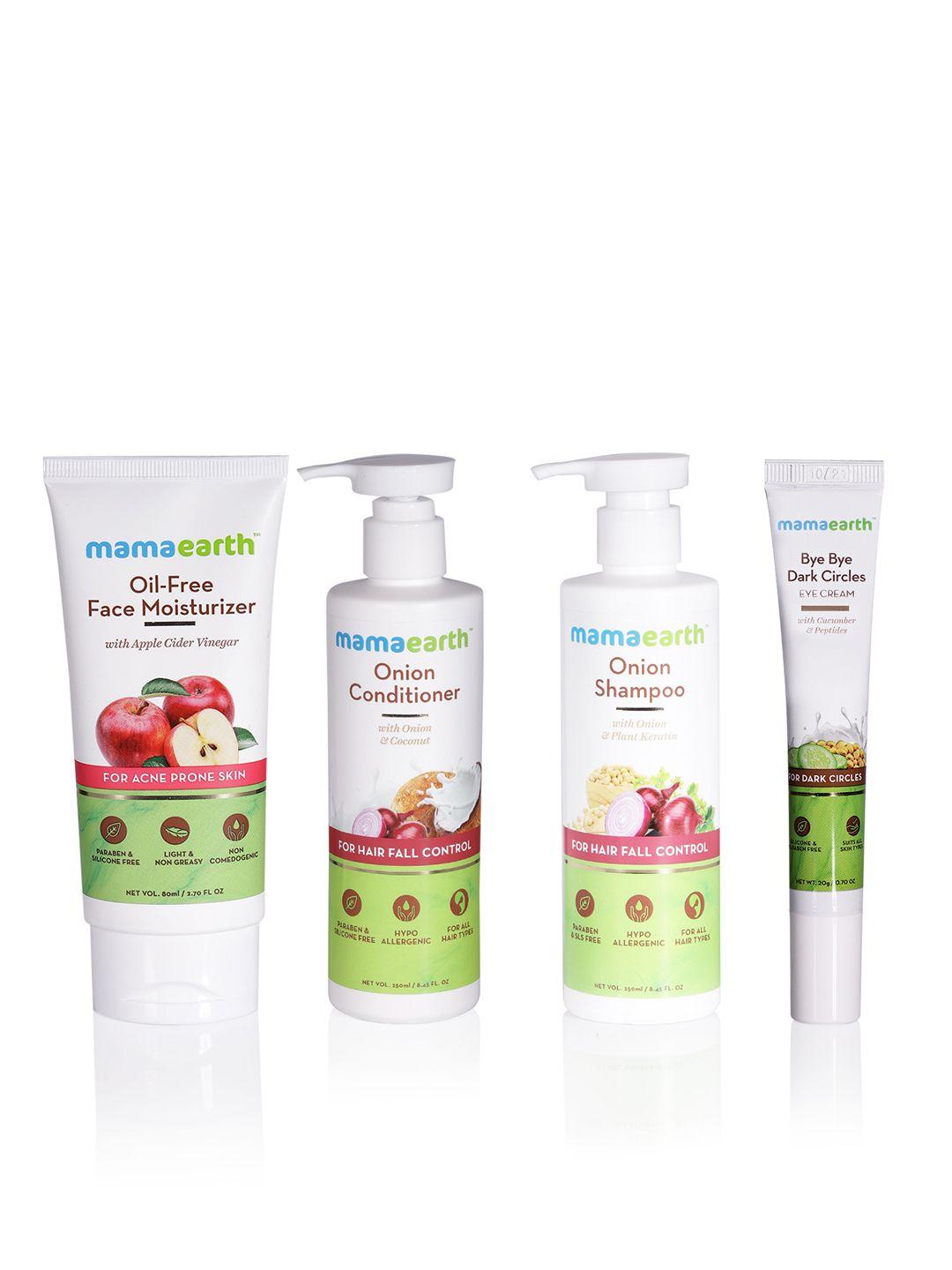 mamaearth sustainable set of onion shampoo - conditioner - moisturizer - eye cream