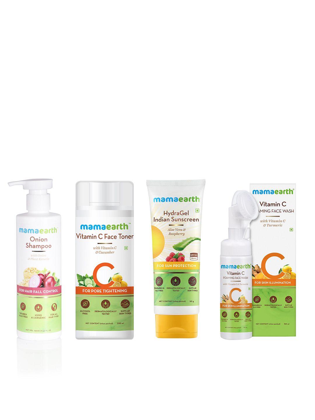 mamaearth sustainable set of onion shampoo - vit c face wash - toner - spf 50 sunscreen