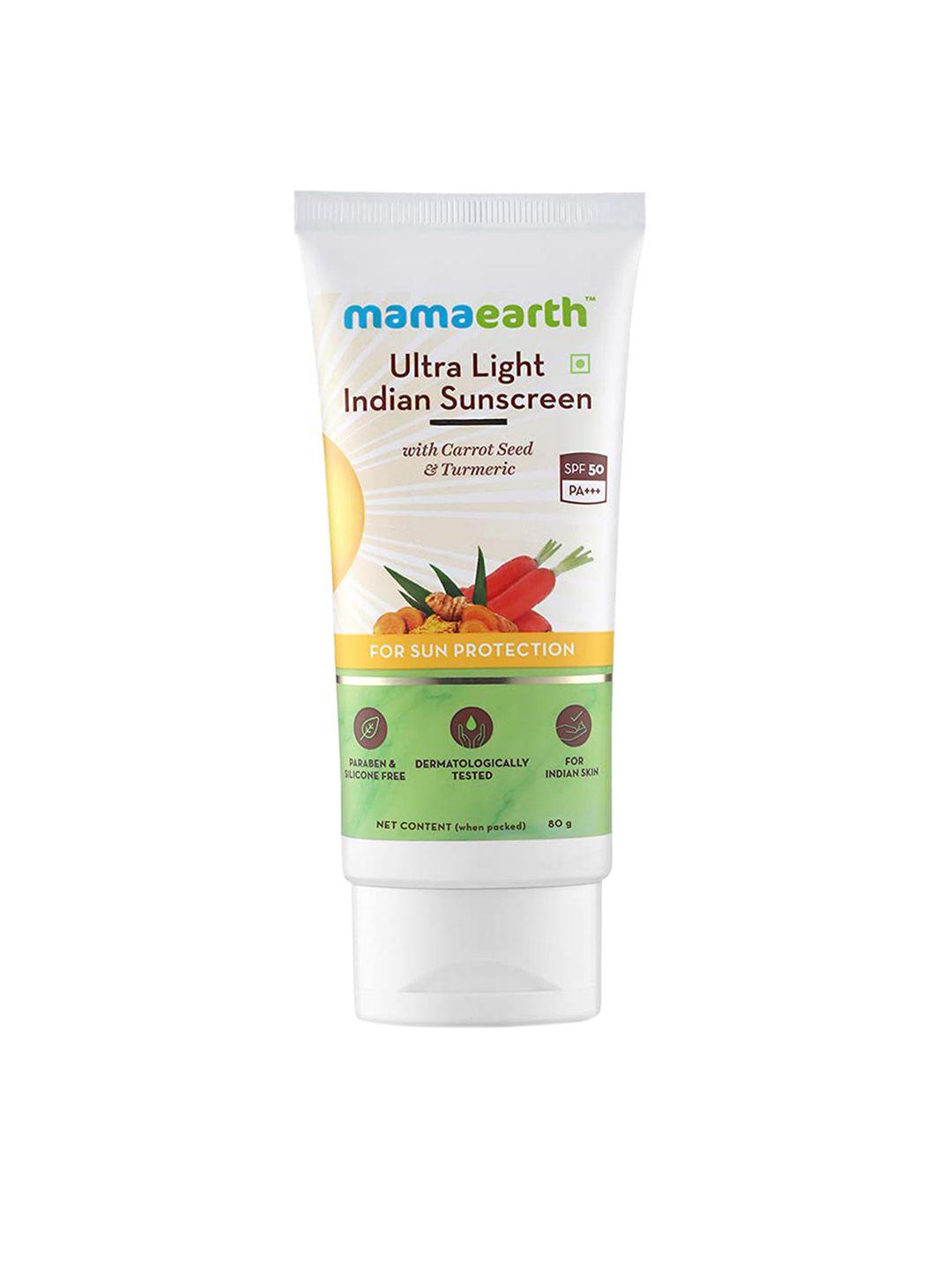 mamaearth sustainable ultra-light spf 50 indian sunscreen with carrot seed & turmeric 80ml
