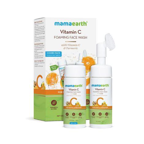 mamaearth vitamin c foaming face wash with brush, combo pack with refill for skin illumination - 150 ml + 150 ml