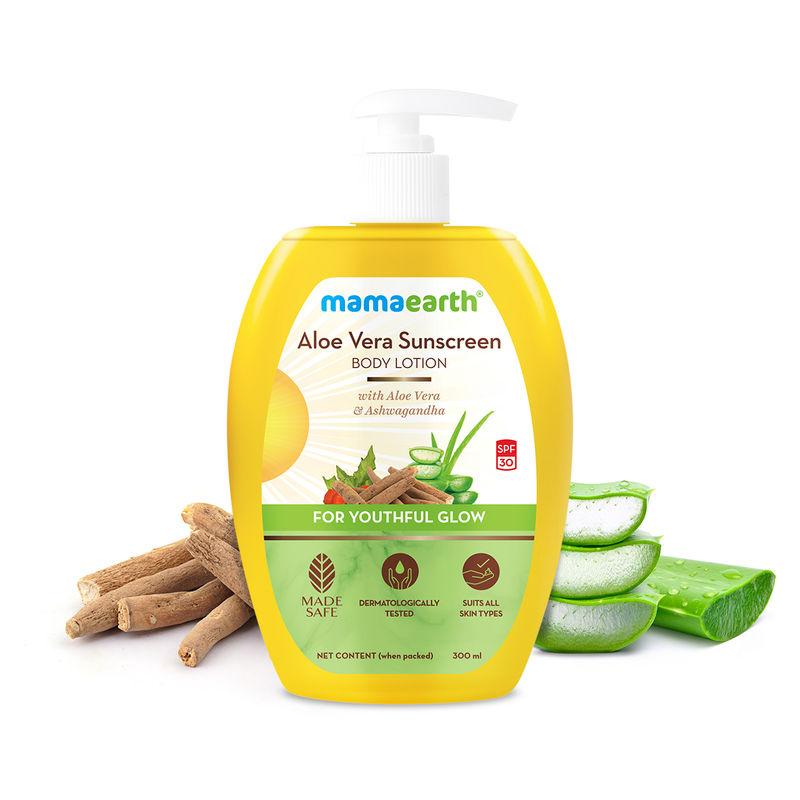 mamaearth aloe vera sunscreen body lotion spf 30 - with aloe vera & ashwagandha for a youthful glow