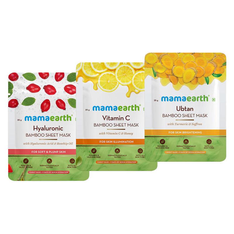 mamaearth hyaluronic bamboo + vitamin c bamboo + ubtan bamboo mask sheets