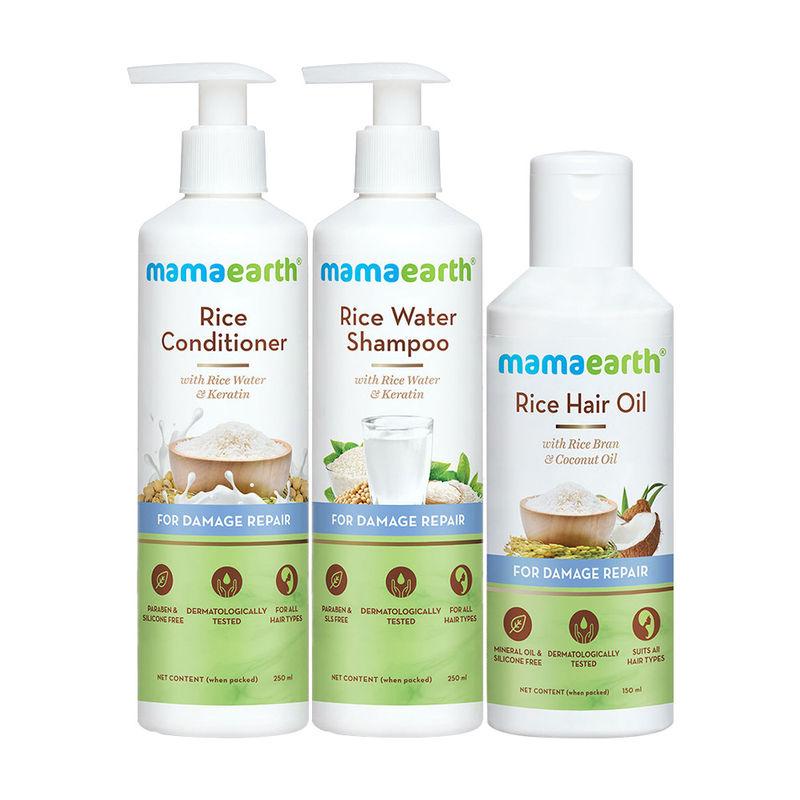 mamaearth rice water shampoo & conditioner with rice hair oil &