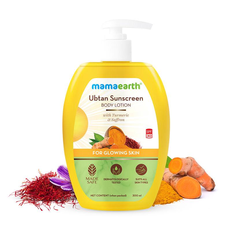 mamaearth ubtan sunscreen body lotion spf 30 with turmeric & saffron for glowing skin