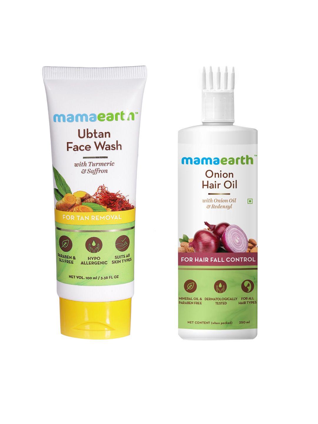 mamaearth unisex set of sustainable onion hair oil & ubtan face wash