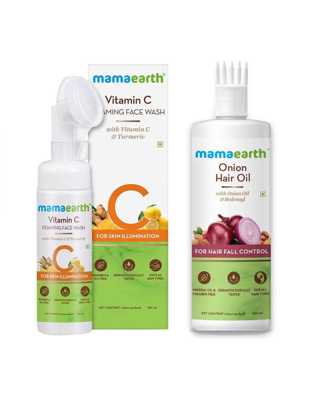 mamaearth unisex set of vitamin c foaming face wash & sustainable onion hair oil