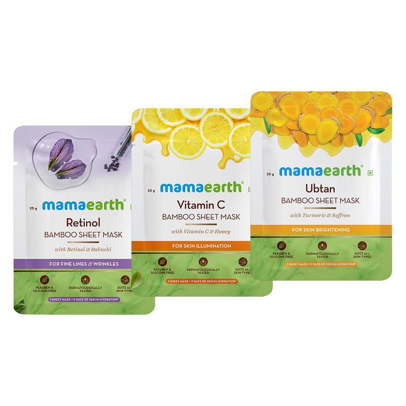 mamaearth vitamin c bamboo + ubtan bamboo + retinol bamboo mask sheets