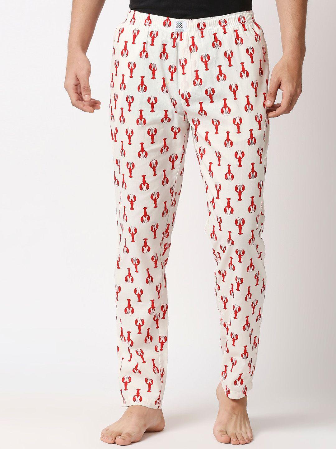 manaca men cream & red printed cotton lounge pants