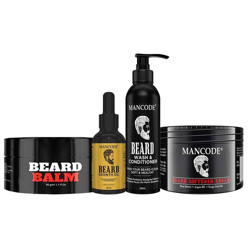 mancode beard grooming kit (growth oil+wash & conditioner+softener cream+balm) pack of 4