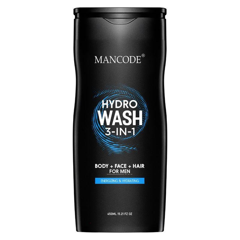 mancode hydro body wash 3 in 1 body wash face wash hair shampoo for men, 450 ml