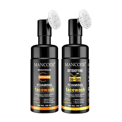 mancode brightening vitamin c & detoxifying de tan foaming facewash (with bult-in brush),150ml each (pack of 2)