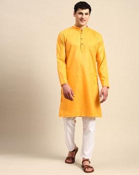 mandarin-collar long kurta with patch pocket