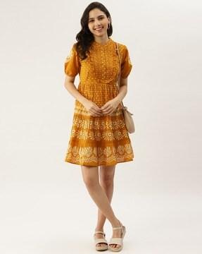 mandarin collar a-line dress with floral detail