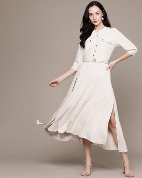 mandarin collar a-line dress with patch pockets