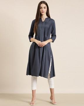 mandarin-collar a-line kurta with roll-up sleeves