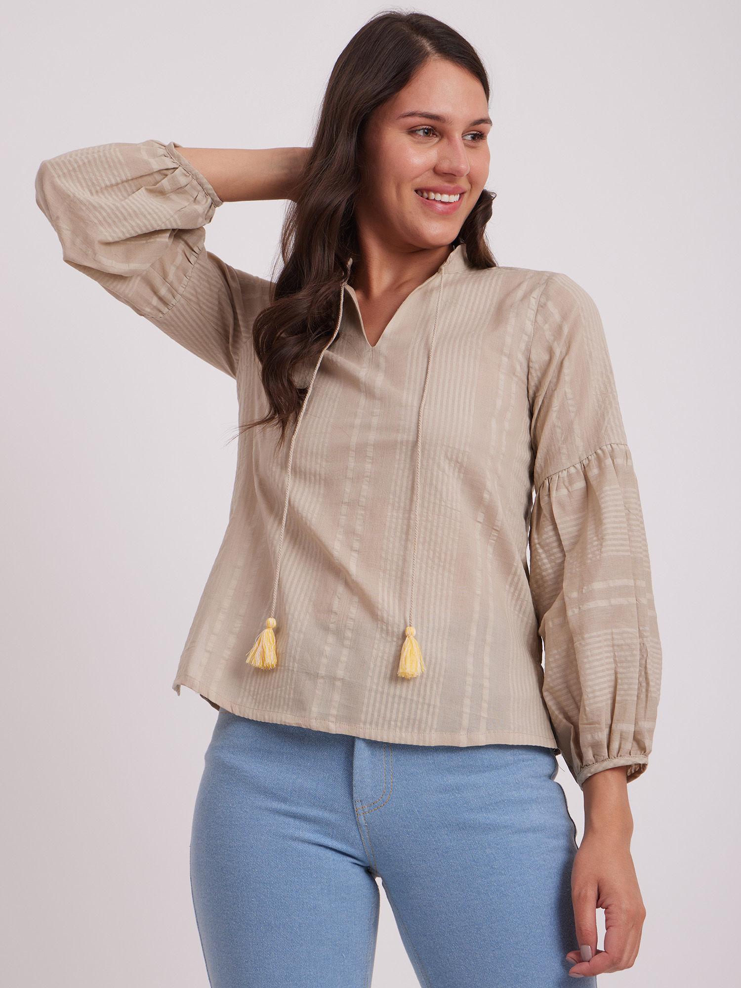 mandarin collar cotton top - beige