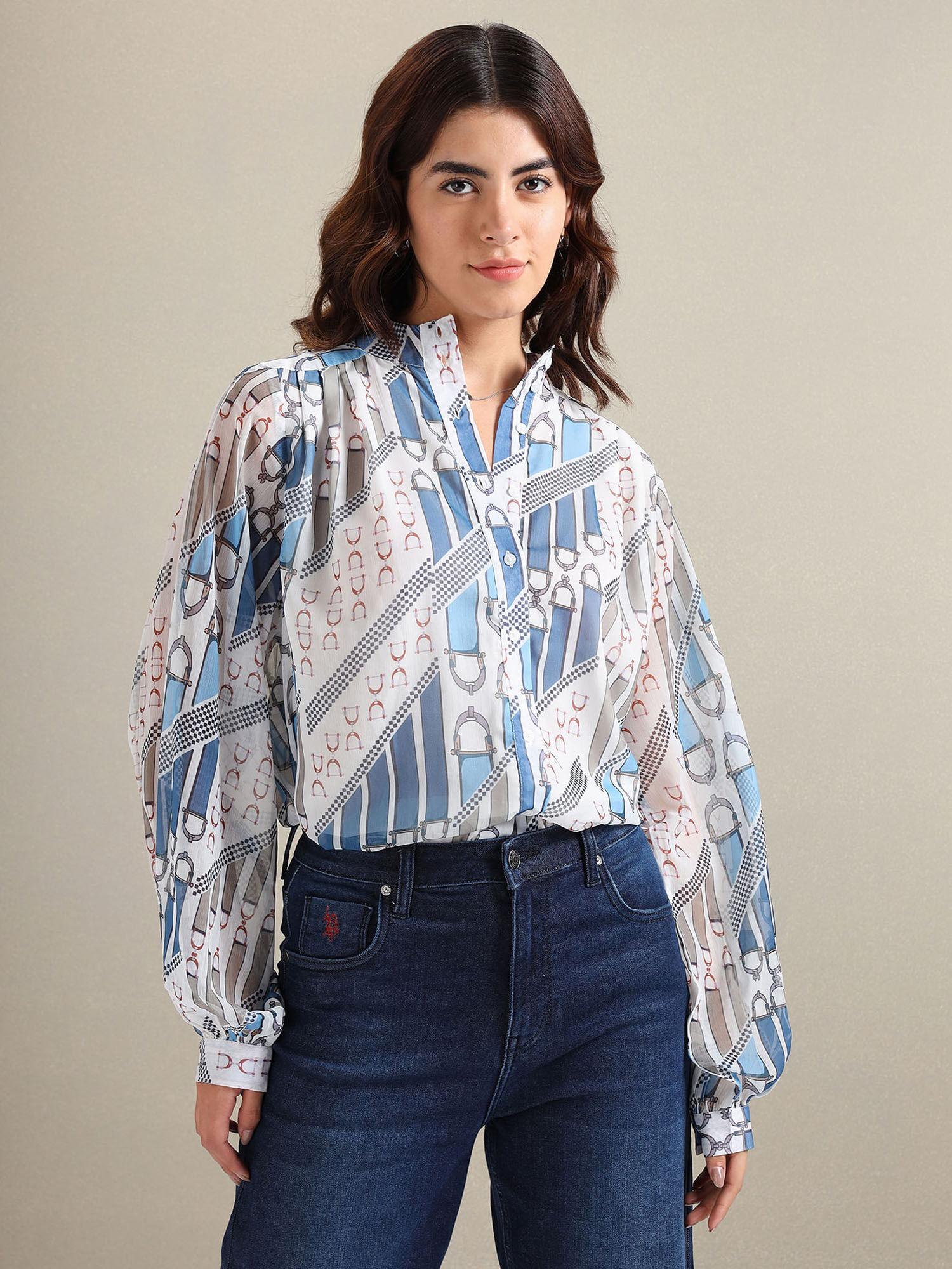 mandarin collar graphic print top off white