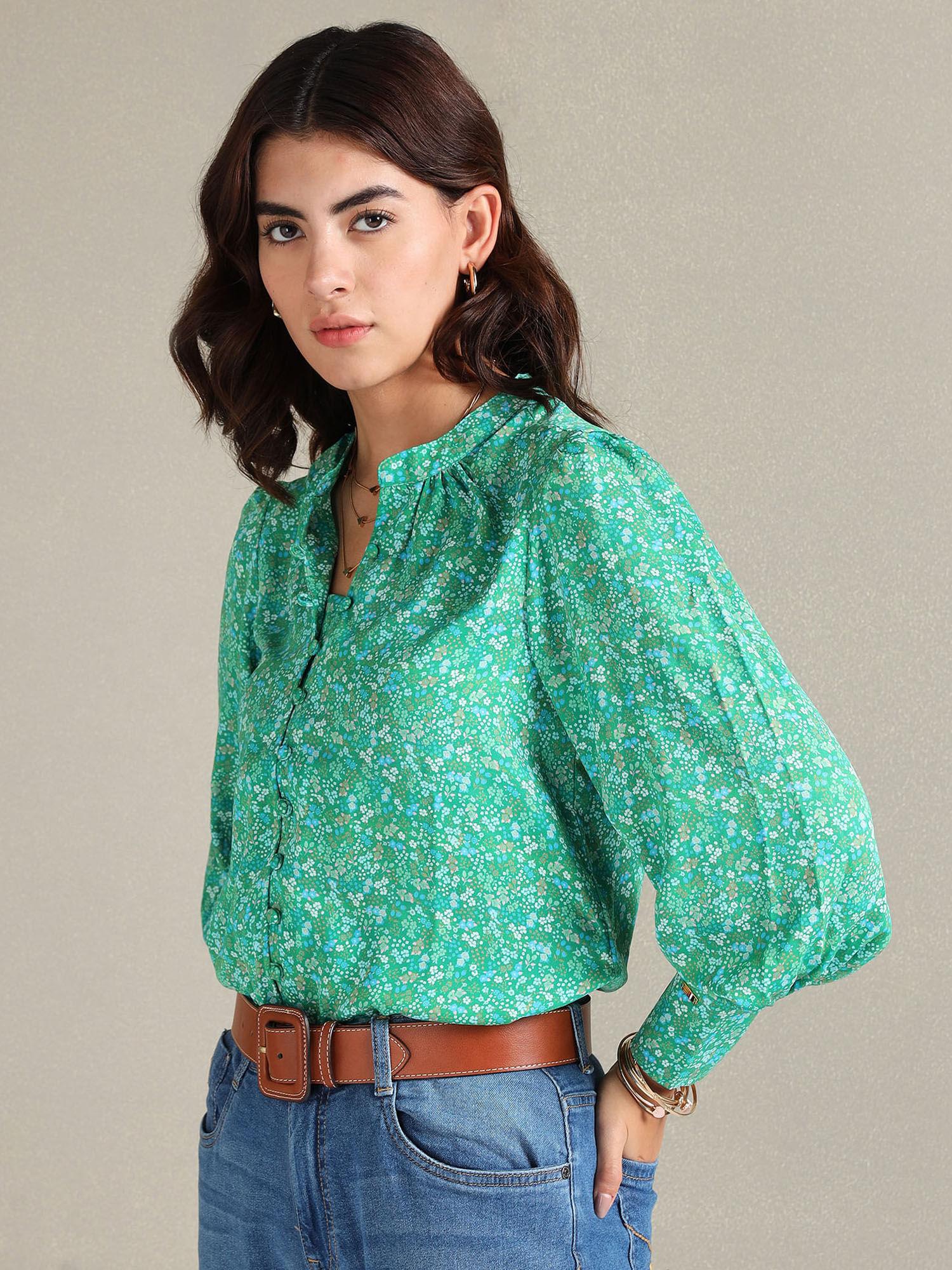 mandarin collar green floral print shirt