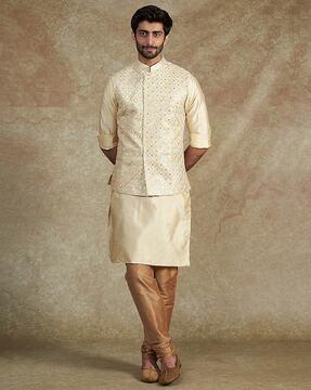 mandarin collar kurta & churidar with waistcoat set
