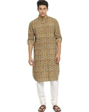 mandarin collar leaf print long kurta