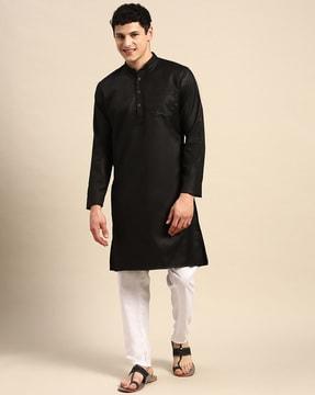 mandarin-collar long kurta with patch pocket