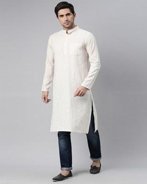 mandarin-collar long kurta with patch pocket