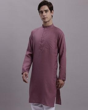 mandarin-collar long kurta with patch pocket