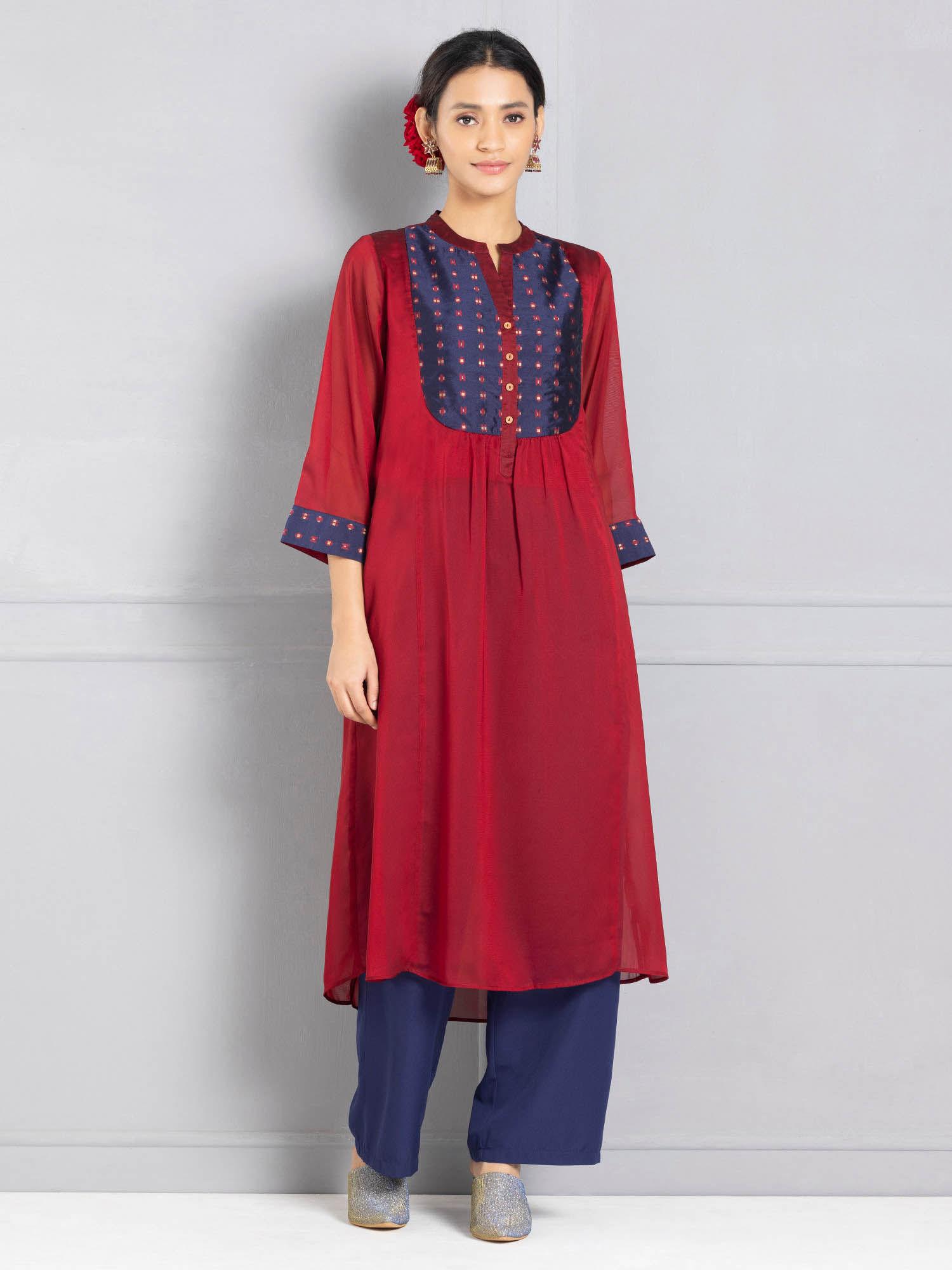 mandarin collar maroon woven design ethnic kurta for women