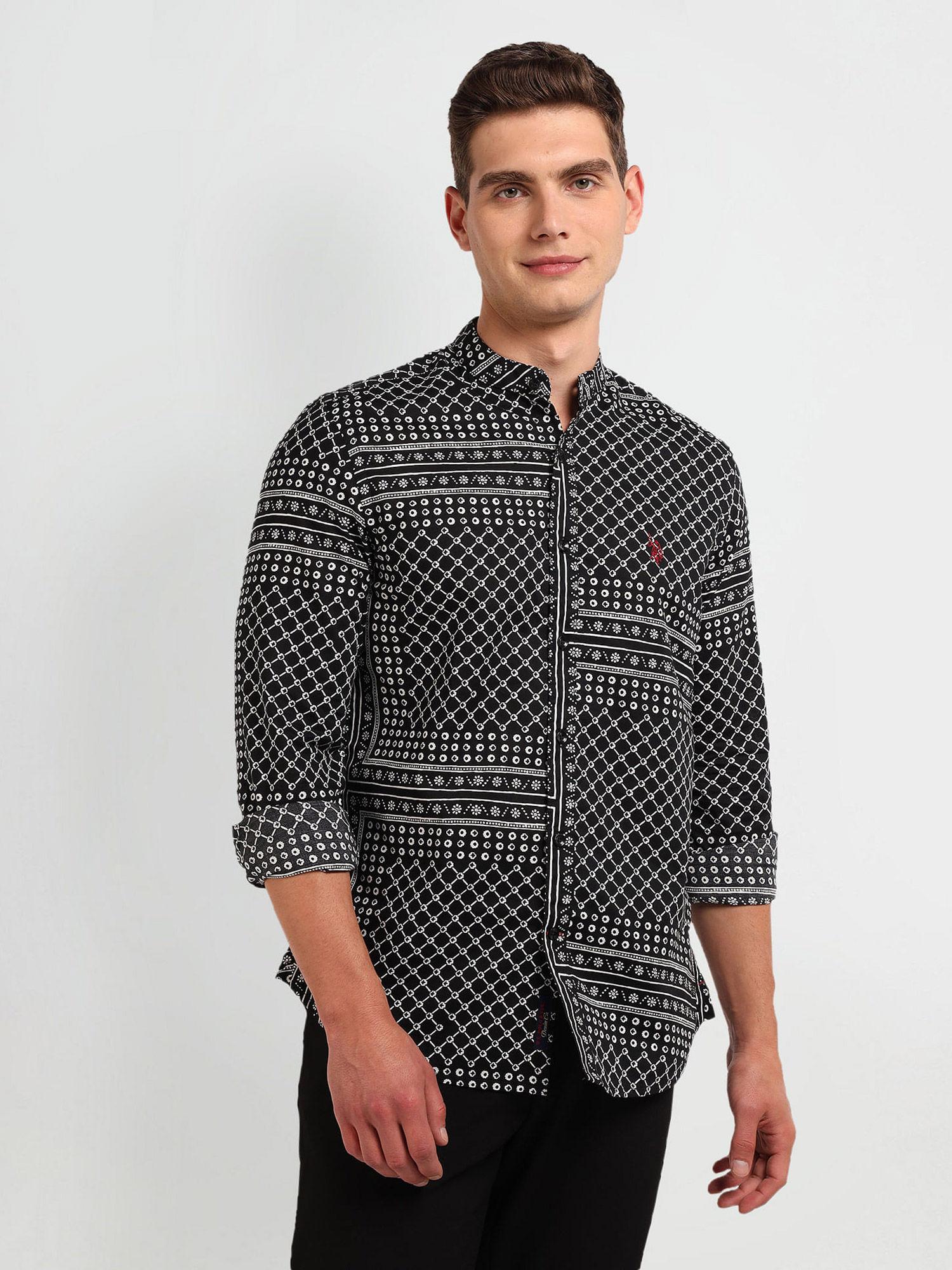 mandarin collar motif print shirt